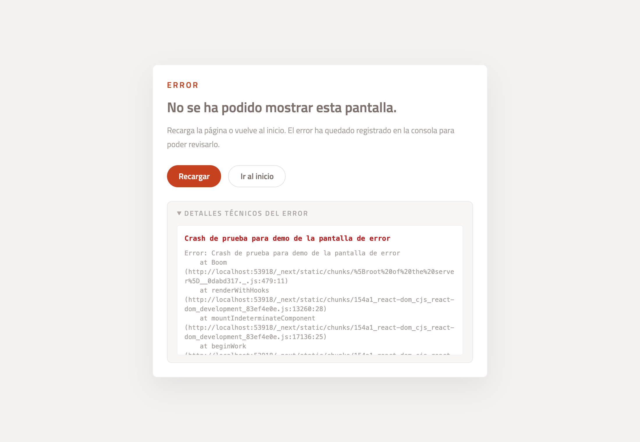 Nueva pantalla de error de Go Project: título «No se ha podido mostrar esta pantalla», botones Recargar e Ir al inicio, y un desplegable con los detalles técnicos del error.